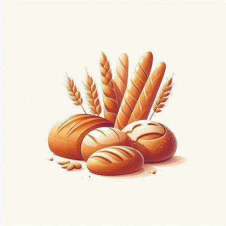 Illustration of bread with wheat on white background. Vector illustration.のイラスト素材
