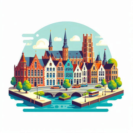 Bruges (Belgium) cityscape. Vector illustration.のイラスト素材