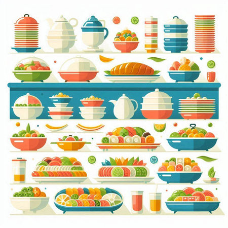 Vector illustration of different types of fruit and vegetables in the kitchen.のイラスト素材