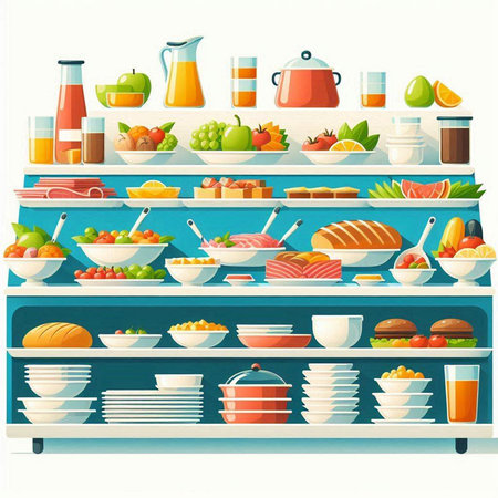 Supermarket shelves full of food. Vector illustration in cartoon style.のイラスト素材
