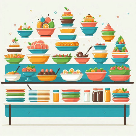 Vector illustration of a table with different fruit and vegetables in flat style.のイラスト素材