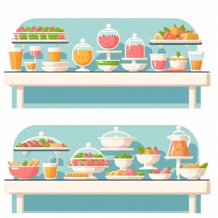 Catering buffet with fruits and berries. Vector illustration in flat styleのイラスト素材