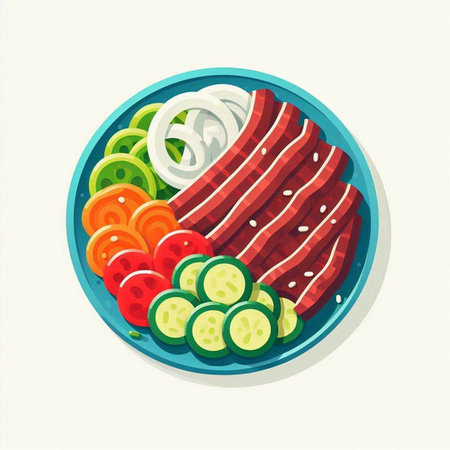 Sliced raw beef with vegetables on plate. Vector illustration.のイラスト素材