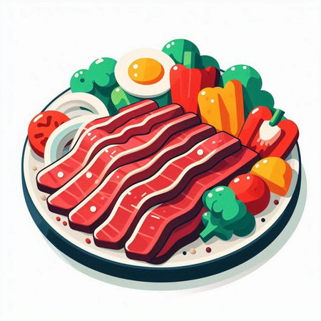 Sliced raw beef on plate with vegetables. Vector illustration.のイラスト素材