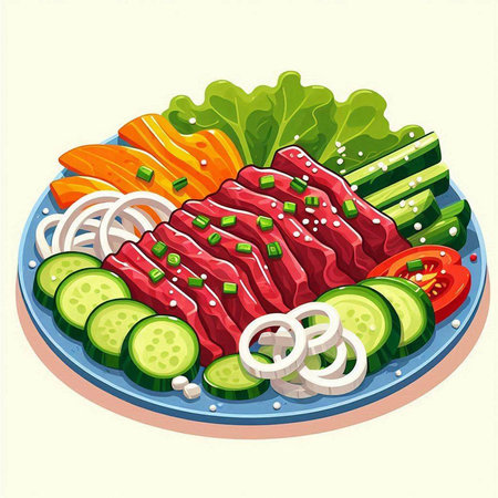 Illustration of a Sliced Beef and Vegetables on a Plateのイラスト素材