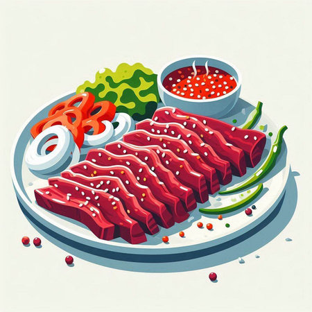 Illustration of raw beef with vegetables and sauce on a plate.のイラスト素材