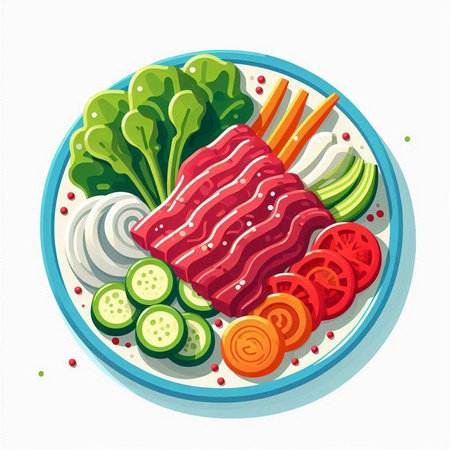 Illustration of Sliced Beef and Vegetables on a Plateのイラスト素材