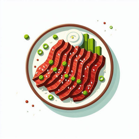 Illustration of a sliced raw beef on a plate with green peasのイラスト素材