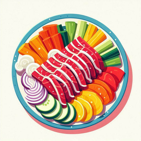 Illustration of a plate of fresh vegetables - carrots, cucumbers, tomatoes, peppers, onions.のイラスト素材