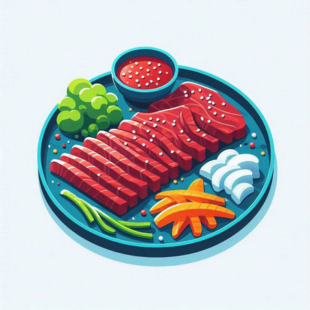 Illustration of Sashimi and Vegetables on a Plate.のイラスト素材