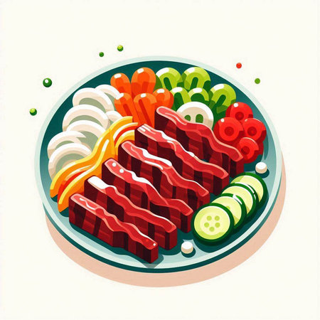 Illustration of Japanese food, wagyu beef and vegetables.のイラスト素材