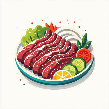 Illustration of sliced raw beef on a plate with vegetables and spicesのイラスト素材
