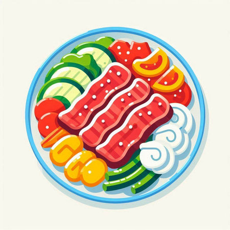 Japanese food. Sashimi and vegetables. Vector illustration in flat styleのイラスト素材