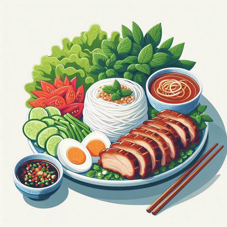 Rice noodle with grilled pork, egg and vegetables. Vector illustration.のイラスト素材