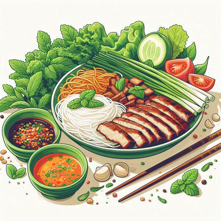 Illustration of asian noodle soup with pork and vegetables.のイラスト素材