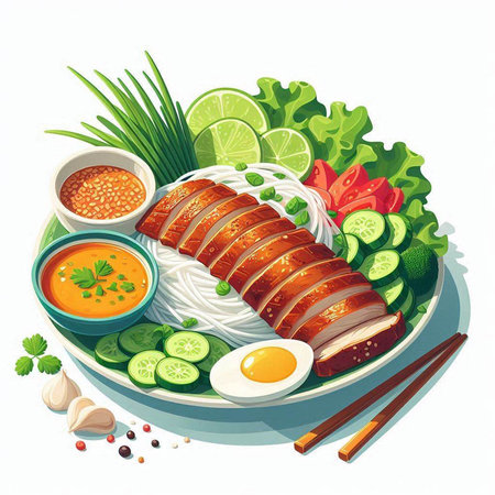 Rice noodle with pork, vegetables and sauce. Vector illustrationのイラスト素材