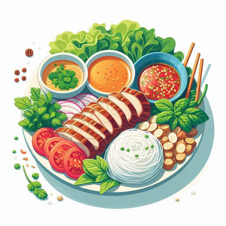 Vietnamese cuisine. Vector illustration of Vietnamese noodle with meat, vegetables and spices.のイラスト素材