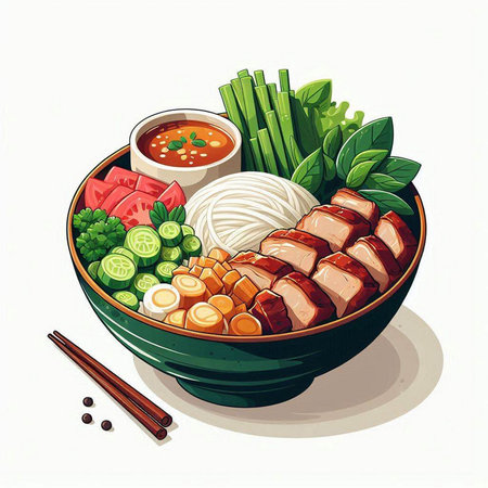 Illustration of a bowl of miso soup with pork and vegetablesのイラスト素材