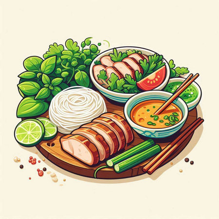Vietnamese noodle soup with pork and vegetables, vector illustrationのイラスト素材
