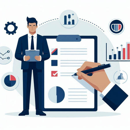 Businessman with tablet and document. Vector illustration in flat style.のイラスト素材