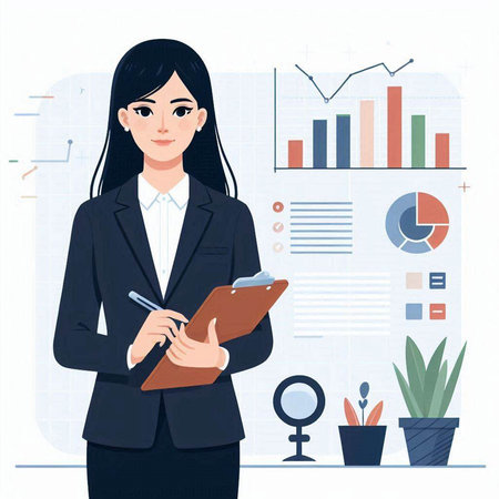 Businesswoman standing in front of charts and graphs. Vector illustration.のイラスト素材