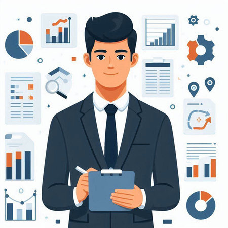 Businessman holding clipboard and making notes. Flat design vector illustration.のイラスト素材