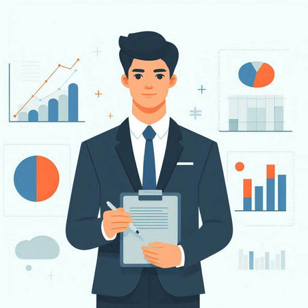 Businessman with clipboard and pen. Vector illustration in flat style.のイラスト素材