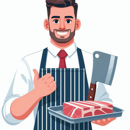 Butcher in apron with meat and meat cleaver. Vector illustration.のイラスト素材