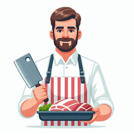 Handsome butcher in apron with meat. Vector illustration in cartoon styleのイラスト素材