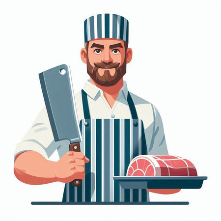 Chef with knife and meat. Vector illustration in cartoon style.のイラスト素材