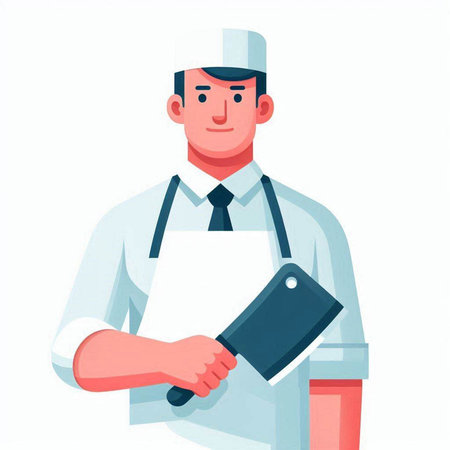 Chef in uniform holding a meat cleaver. Vector illustration in cartoon styleのイラスト素材
