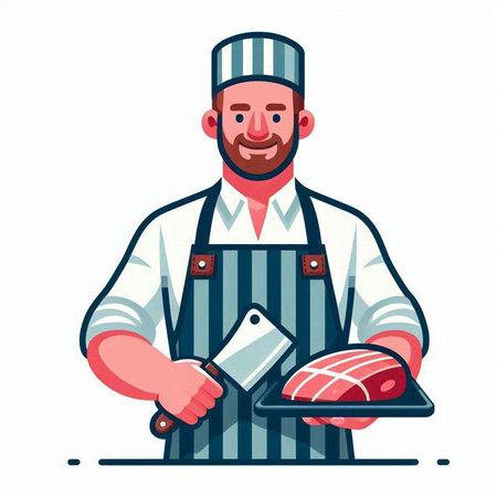 Chef with meat on cutting board. Vector illustration in cartoon styleのイラスト素材