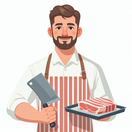 Handsome butcher holding meat and knife. Vector illustration in cartoon styleのイラスト素材