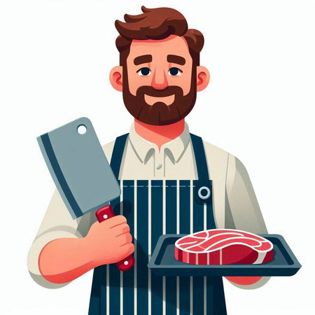 Handsome butcher holding meat and knife. Vector illustration in cartoon styleのイラスト素材