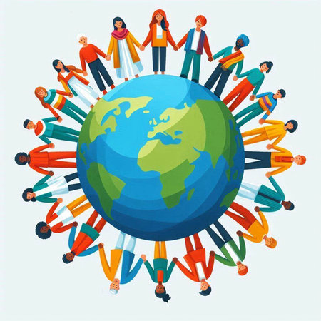 Group of diverse people standing around the globe. Vector illustration in cartoon style.のイラスト素材