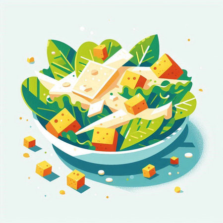 Salad with cheese and lettuce in a plate. Vector illustration.のイラスト素材