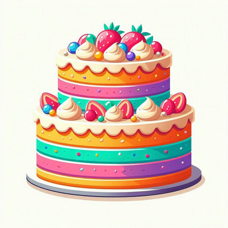 Colorful birthday cake with cream, strawberry and marmalade.のイラスト素材