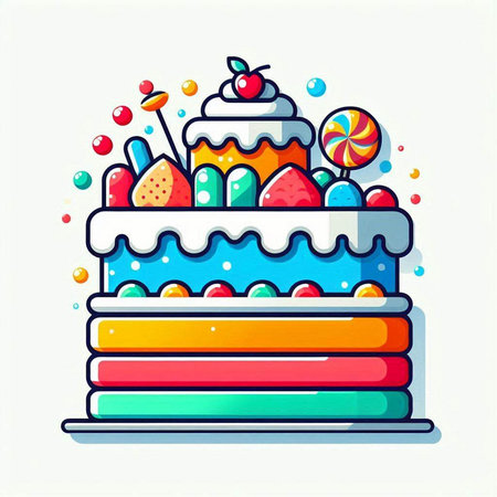 Birthday cake with colorful candies and jelly sweets. Vector illustration.のイラスト素材