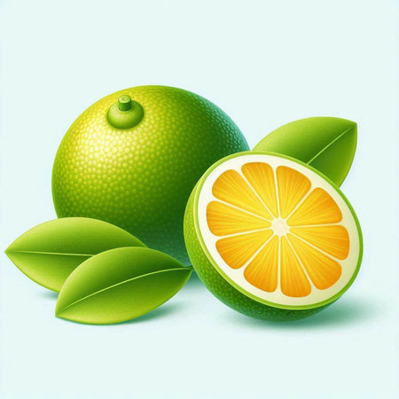 Citrus fruits with green leaves on blue background. Vector illustration.のイラスト素材