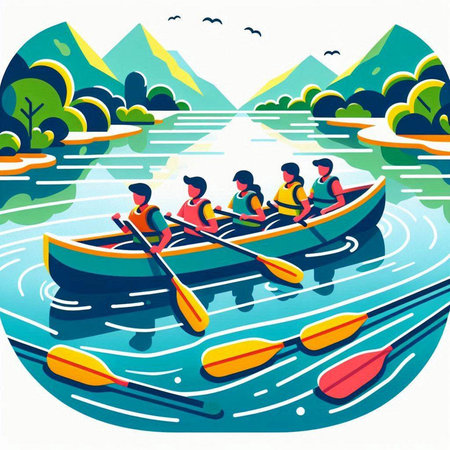 Group of people rowing on the lake. Vector illustration in flat styleのイラスト素材