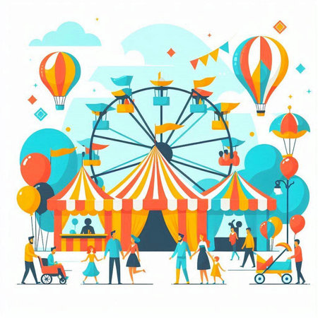 Amusement park flat vector illustration. Cartoon people characters on background of amusement park. Amusement park with ferris wheel, carousels, balloons, people and childrenのイラスト素材