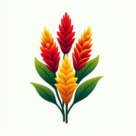 Illustration of red and orange flower with green leaves on white backgroundのイラスト素材