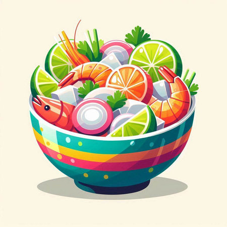 Salad with prawns and lime in a bowl. Vector illustration.のイラスト素材