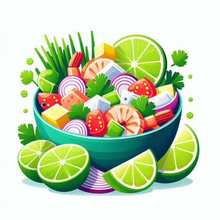 Vector illustration of fresh vegetable salad in bowl with green onion, tomato, cucumber, red onion, lemon and parsley.のイラスト素材