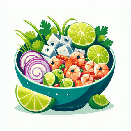 Illustration of a bowl full of shrimp, lime, onion and parsleyのイラスト素材