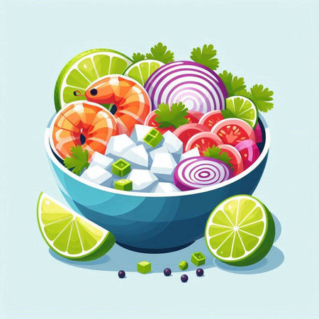 Salad with shrimps and vegetables in a bowl. Vector illustration.のイラスト素材