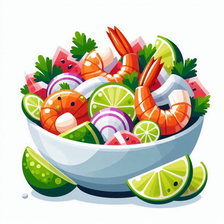 Salad with shrimps and vegetables in bowl. Vector illustration.のイラスト素材