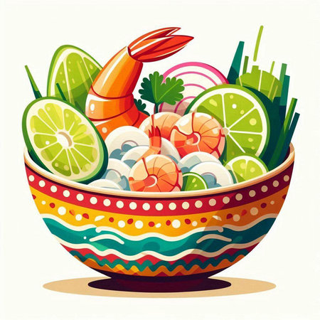 Salad with shrimps and vegetables in a bowl, vector illustrationのイラスト素材