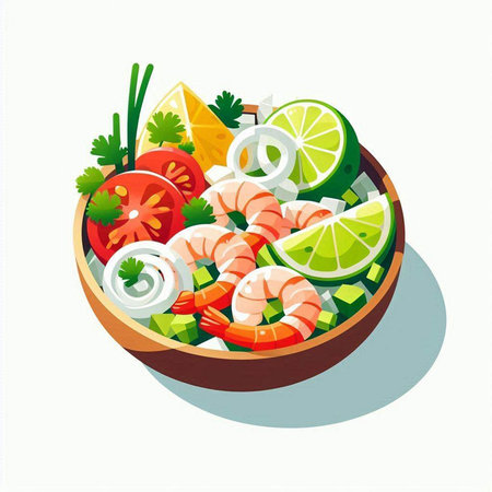 Vector illustration of shrimp salad in wooden bowl with lime, onion, tomato and parsley.のイラスト素材