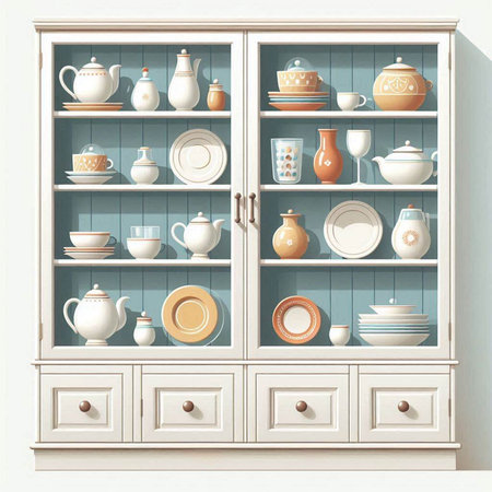 Cabinet with porcelain dishes. 3d render.のイラスト素材